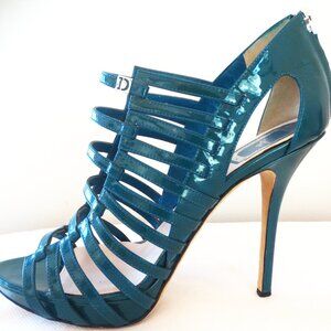 Christian DIOR 39/8.5 US, stiletto 4.5" heel ITALY cage Sandals Glossy Teal